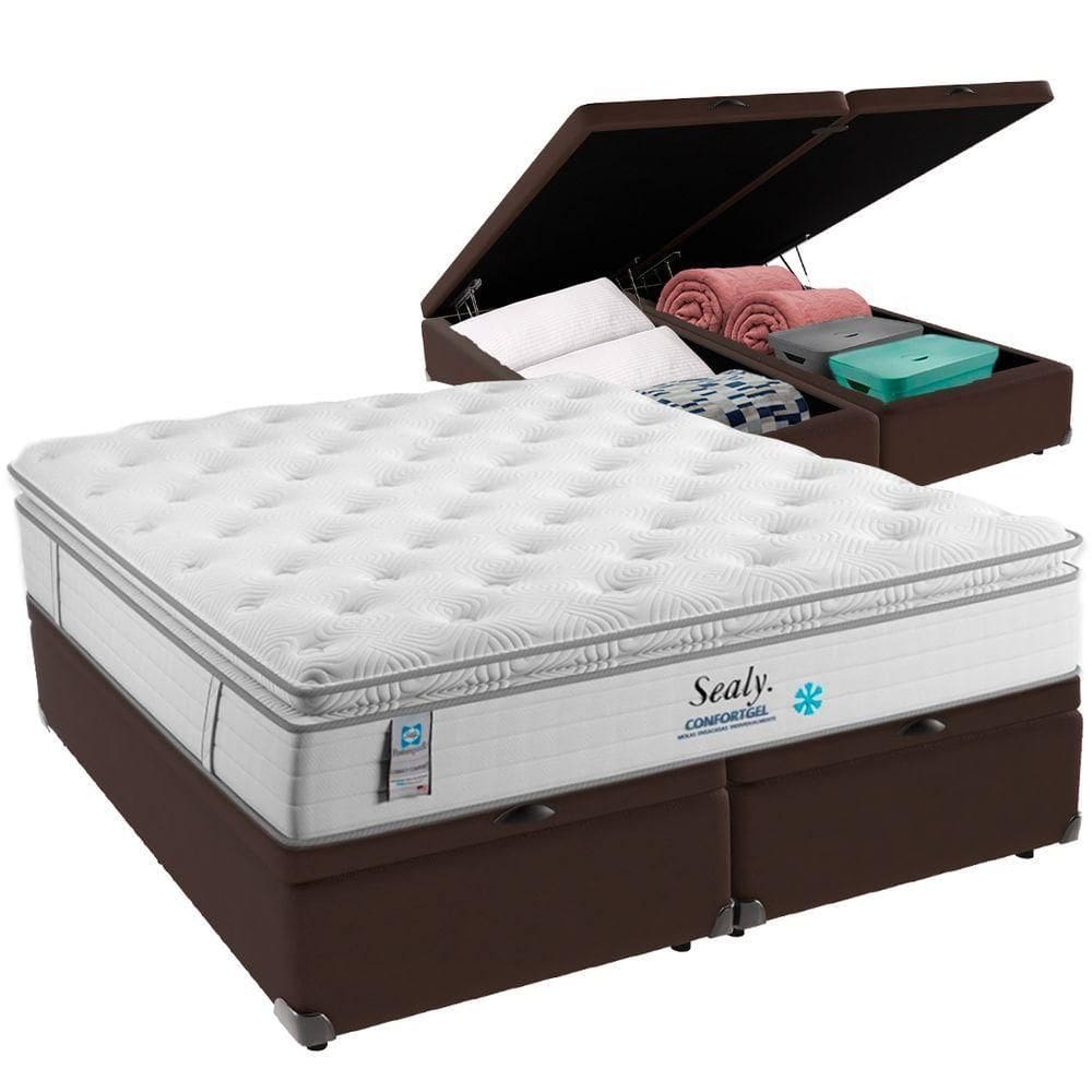 Cama Box Baú Marrom E Colchão Confort Gel Molas Ensacadas Com Pillow Top Queen Sealy