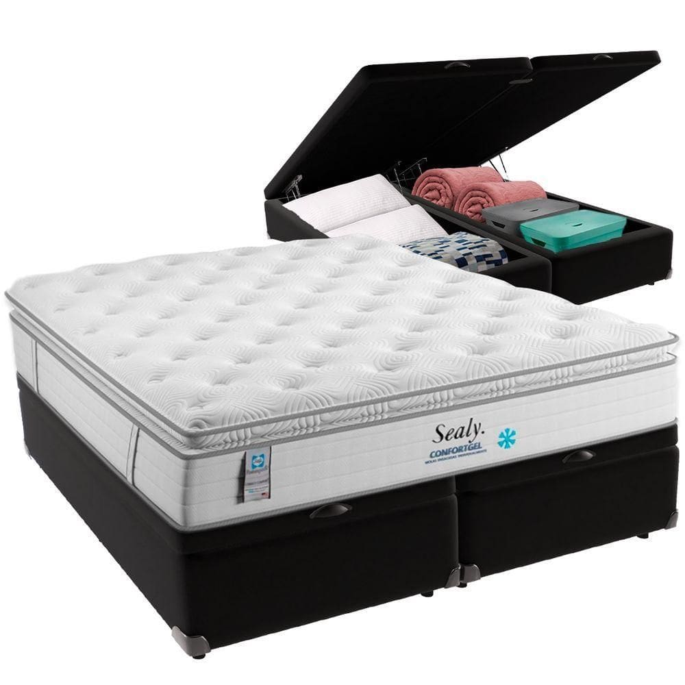 Cama Box Baú Preto E Colchão Confort Gel Molas Ensacadas Com Pillow Top Queen Sealy