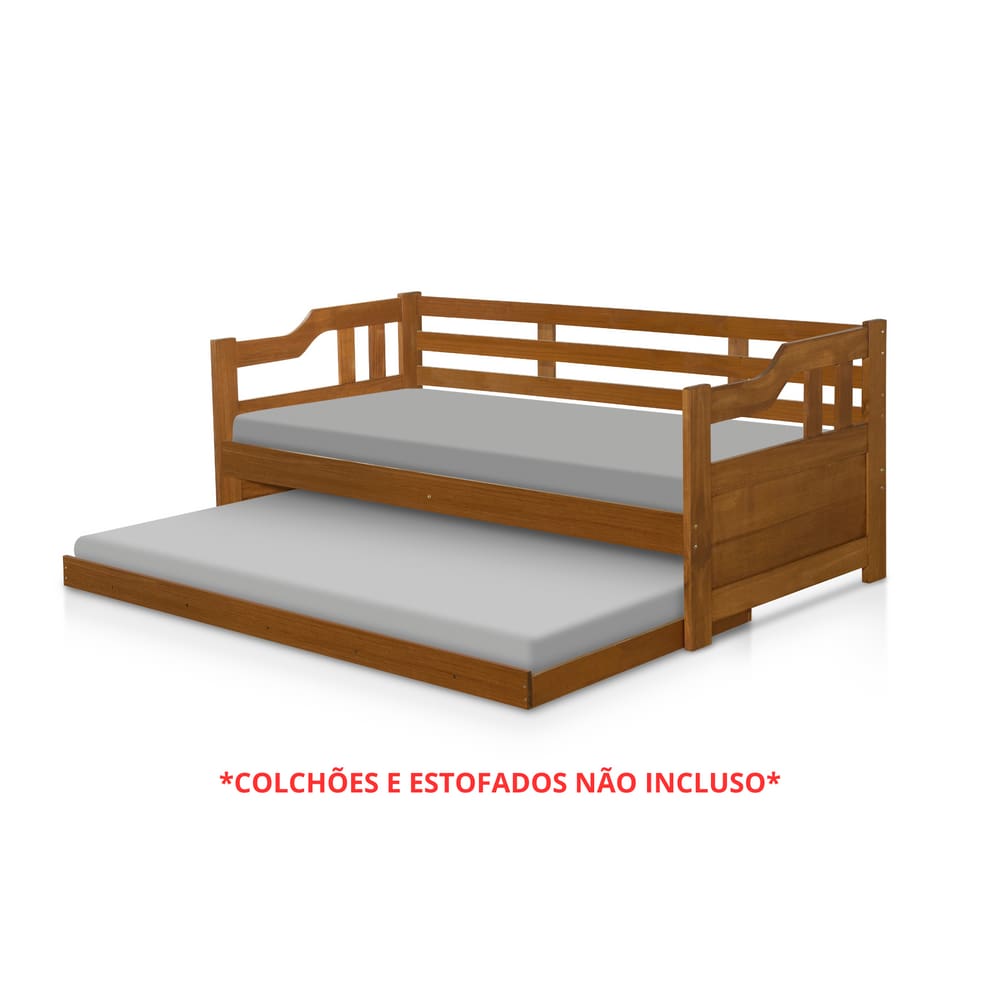 Sofá Cama Solteiro Madeira Maciça com Cama Auxiliar Castanho
