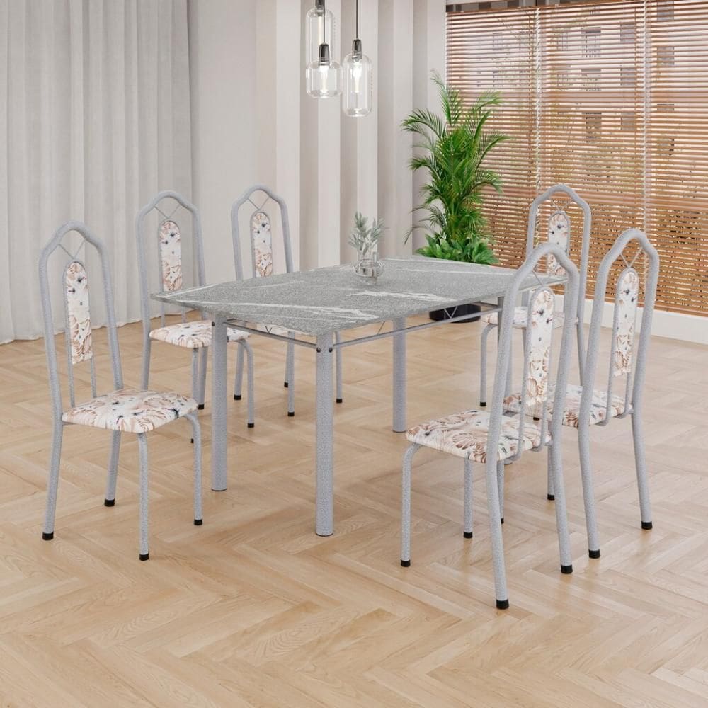 Conjunto de Mesa Tubular 6 Cadeiras 140x75cm Mart Perola com Tampo em Granito Topázio Brenda 010 - Tudo de Móveis