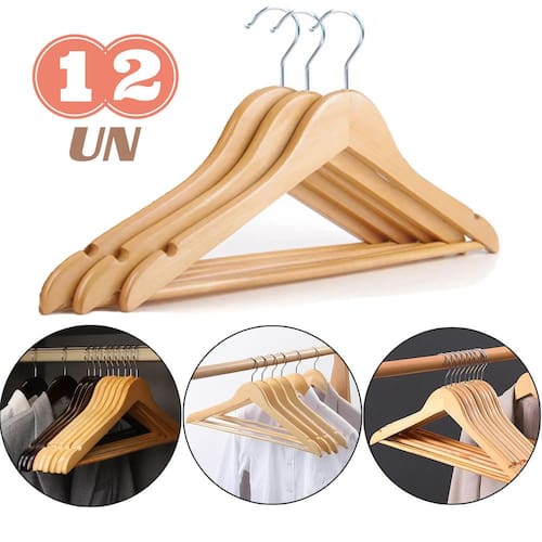 imagem-Kit 12 Cabides Madeira Marfim Com Verniz Gancho Cromado Roupas