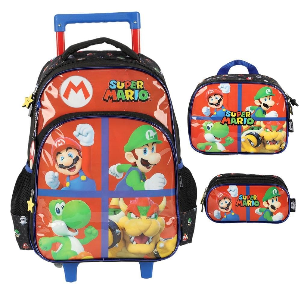 Kit Mochila Sem Alça Lancheira Estojo Luxcel Super Mário