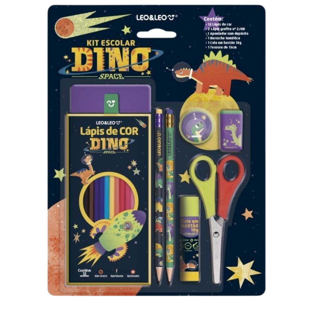 Kit Escolar Dino Space 12 Lápis de Cor + Lápis Grafite Estampado + Apontador + Borracha + Cola + Tesoura - Leo&Leo