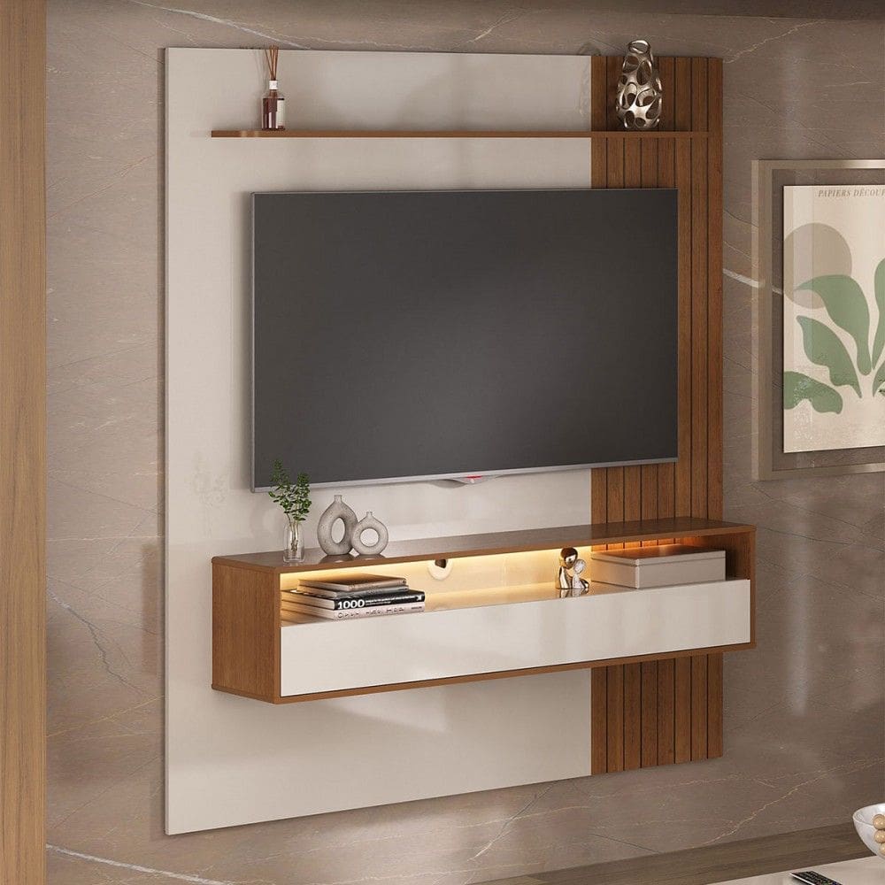 Painel para TV Até 65 Polegadas Matisse Frisado 1 Porta Basculante Cinamomo/Off White - Artely