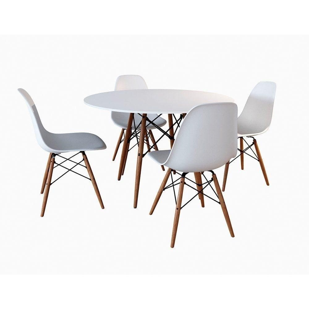 Conjunto de Mesa de Jantar Eames Eiffel Redonda 90cm Tampo de Madeira Branco com 4 Cadeiras Brancas