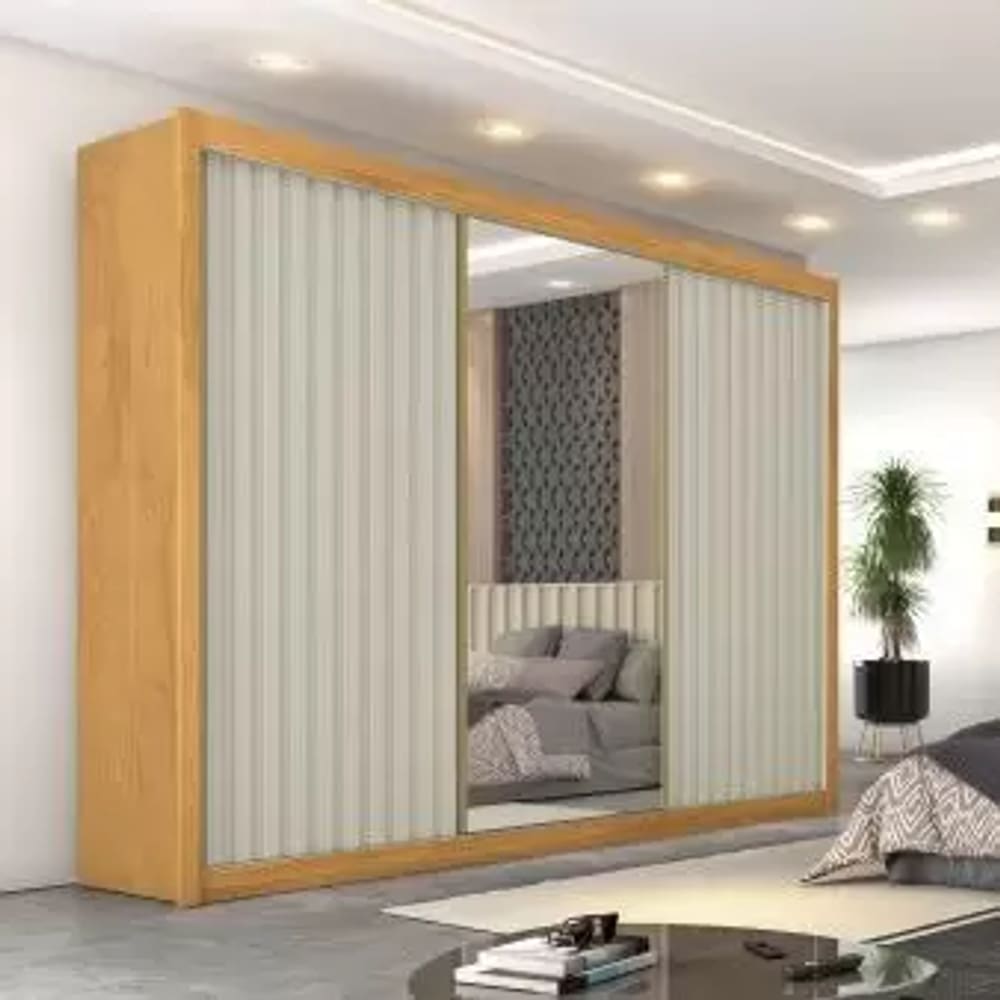 Guarda Roupa Casal 3 Portas com Espelho - Horizonte-Peroba/Off White - Móveis Europa