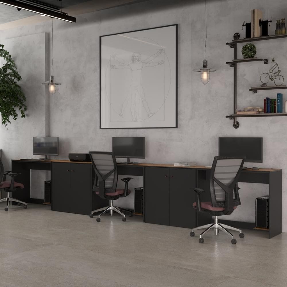 Conjunto de Escritório 5 Peças Smart Office 3 Mesas e 2 Aparador Buffet