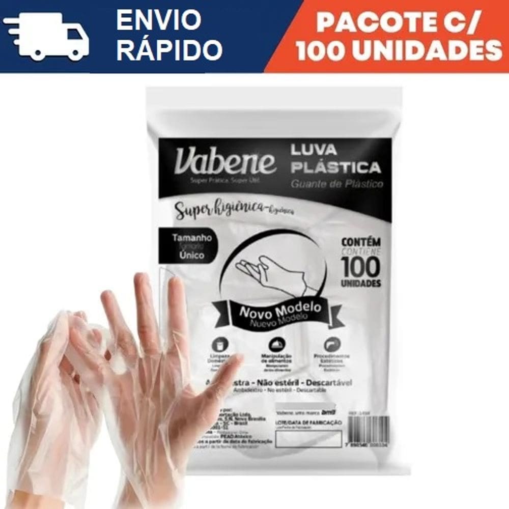 Luva Plástica Transparente - 100 unidades - Tamanho Único - Vabene