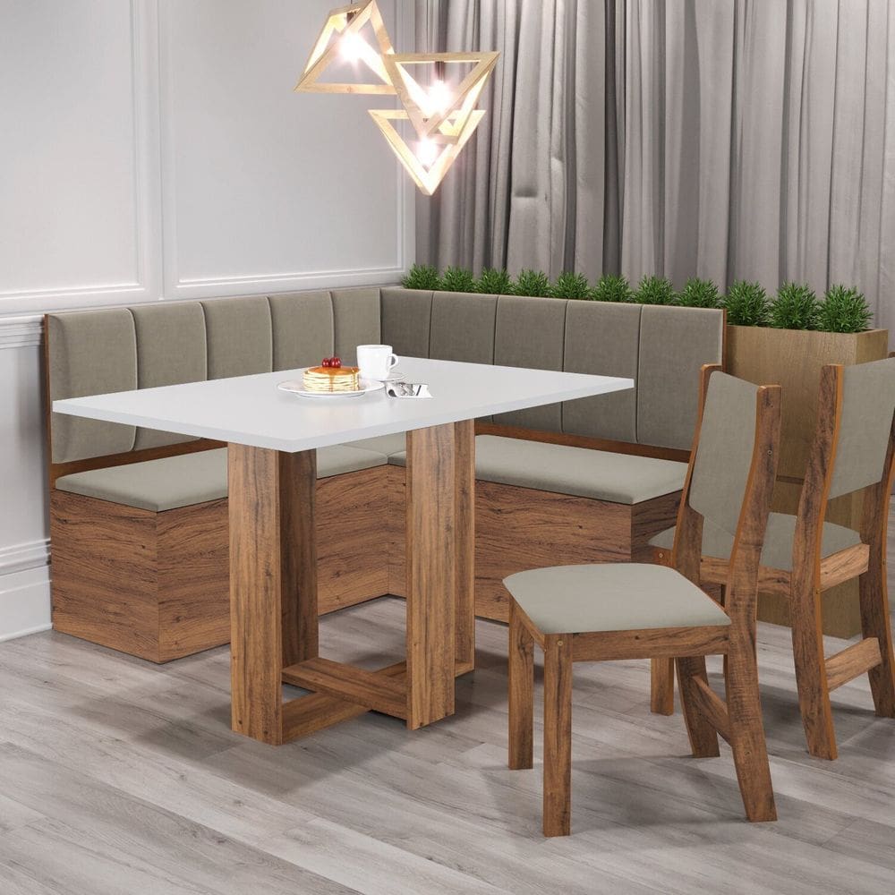 Conjunto Canto Alemão Baú Garden com Mesa Retangular 120x80 Cm sem Vidro e 2 Cadeiras Sol IMBUIA/BLONDE/VELUDO PEROLA