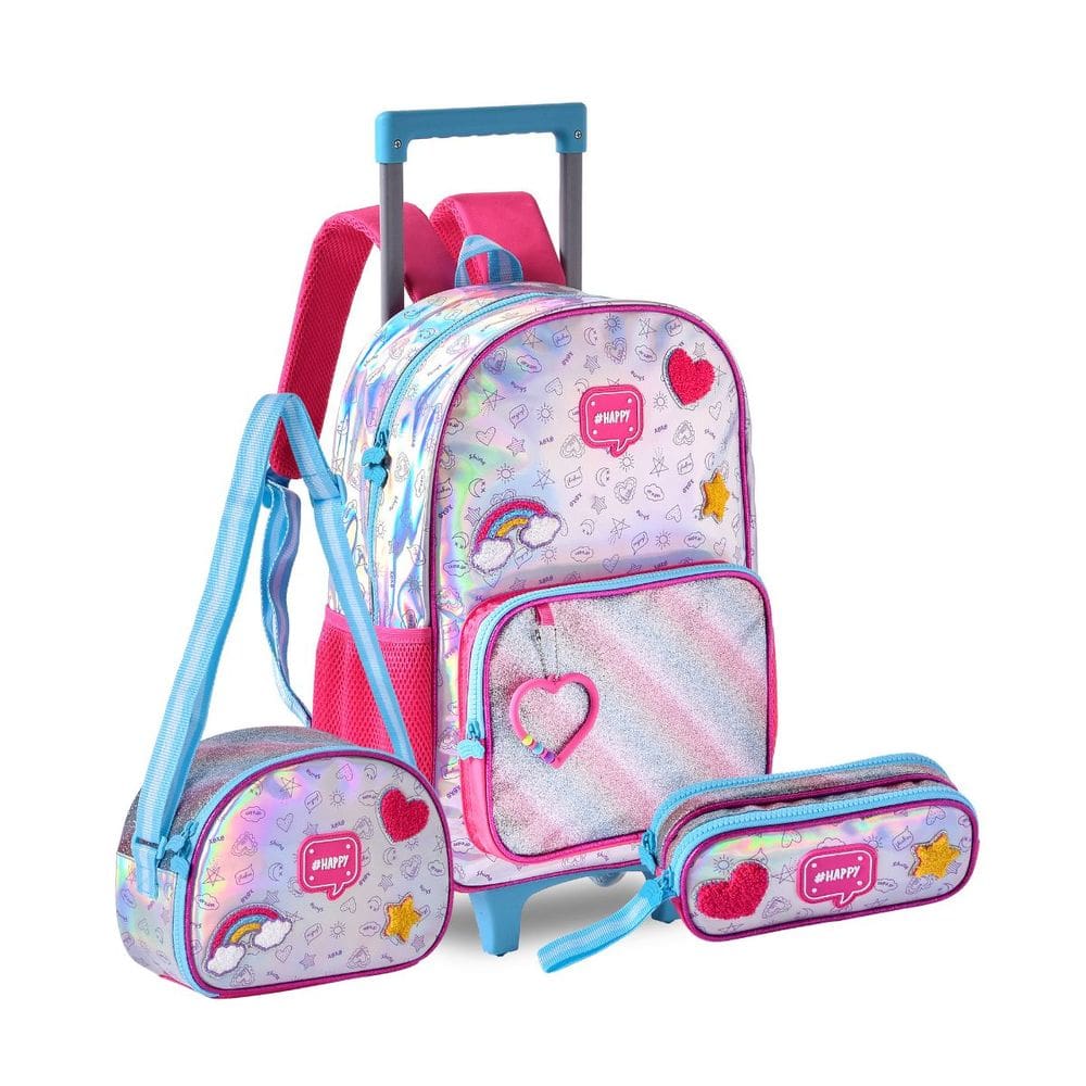 Kit Mochila De Rodinhas Happy Holográfico Lancheira Estojo