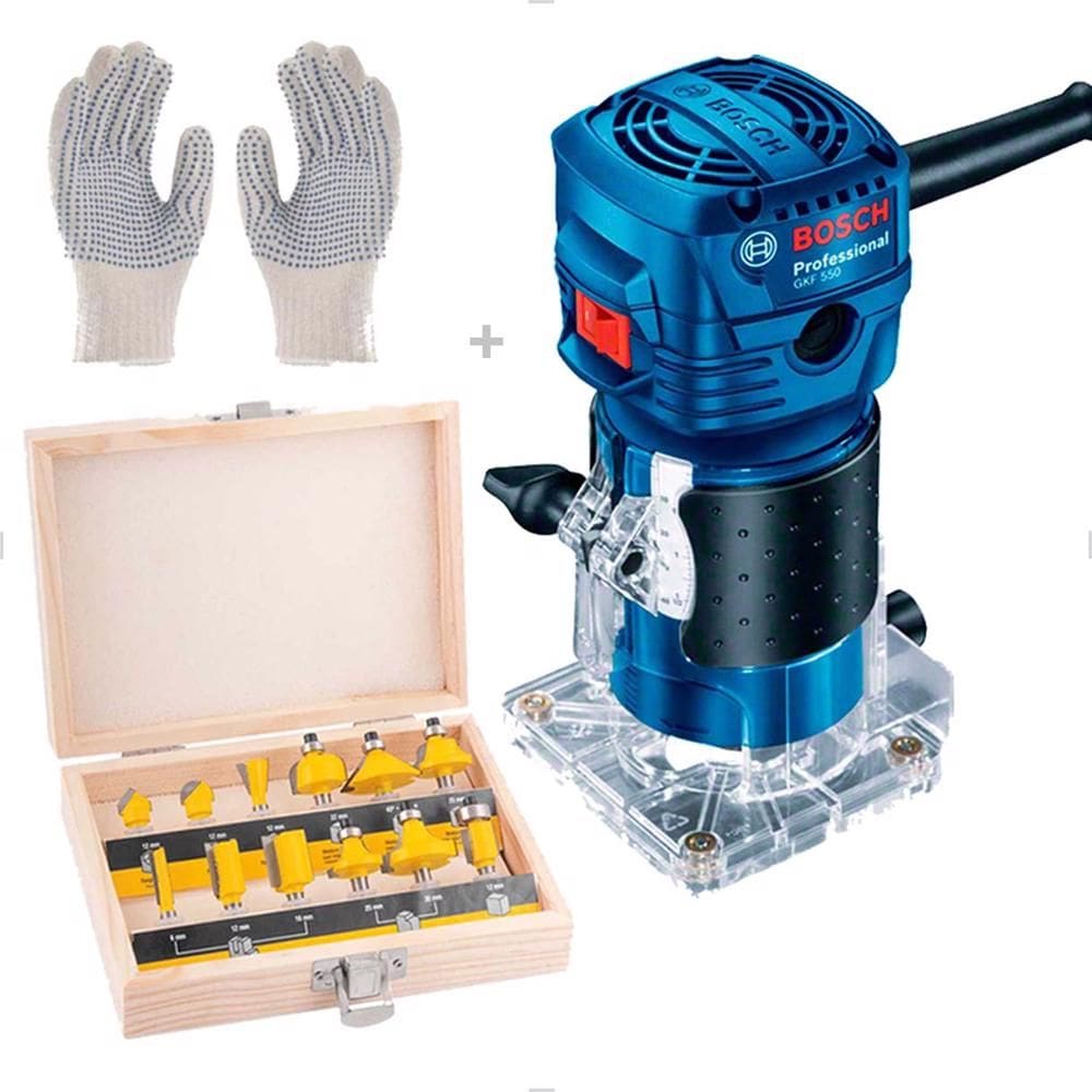 Kit Tupia GKF550 220v Bosch e Jogo 12 Pçs Fresas 6mm Vonder + Luva de Algodão