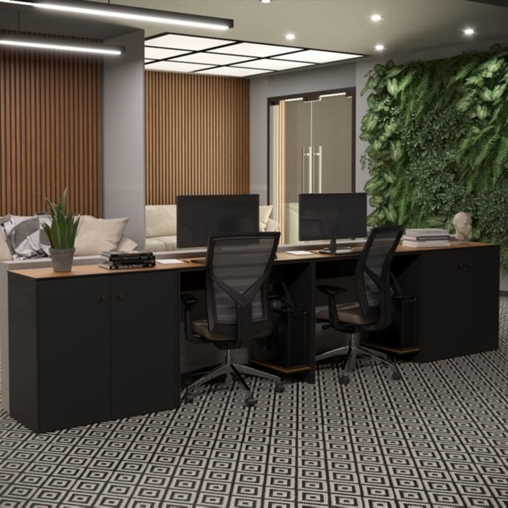 Conjunto De Escritório 4 Peças Smart Office 2 Mesas E 2 Aparador Buffet - Preto E Cedro