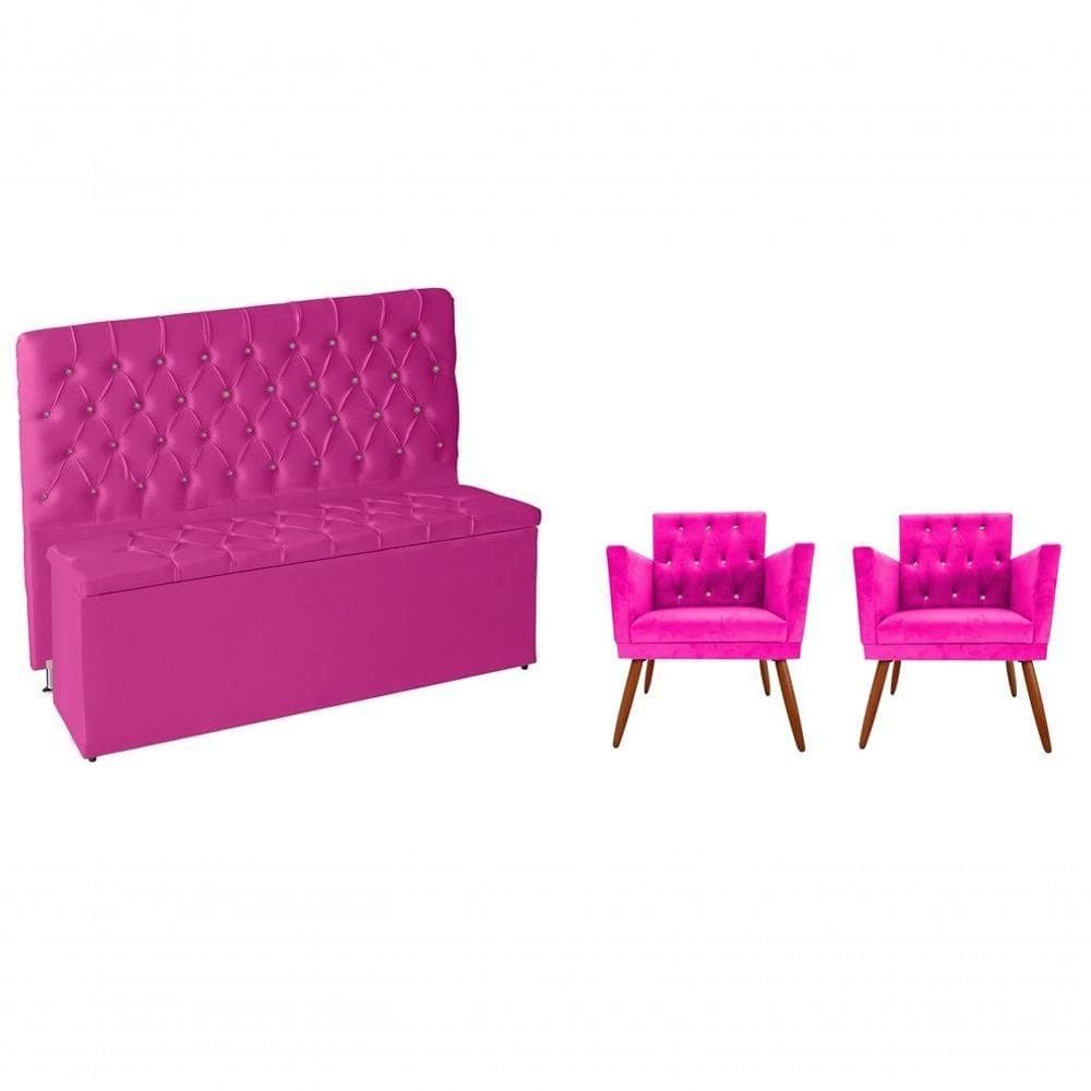 Kit Quarto De Boneca Cabeceira De Cama E Calçadeira Baú E Poltronas Botão De Strass Suede Pink