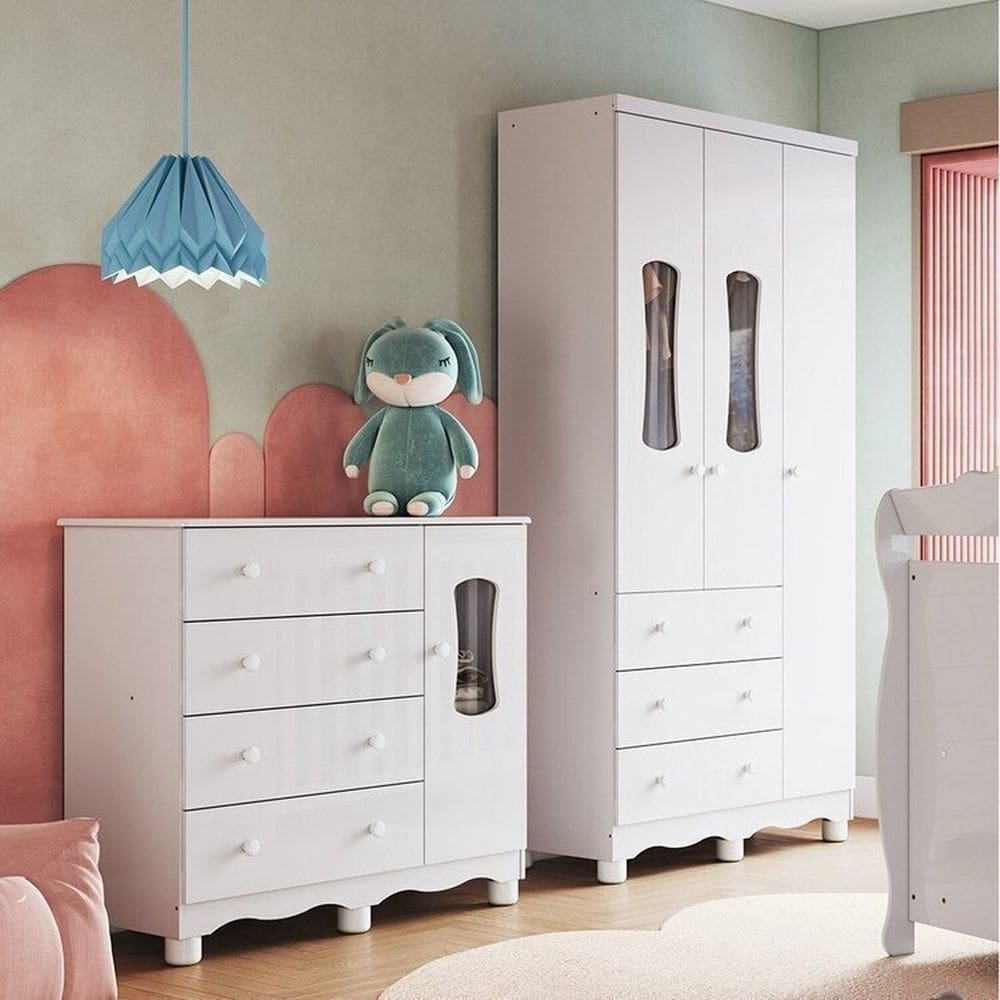 Quarto Infantil com Guarda Roupas 3 Portas e Cômoda com Janelas 100% MDF Lana Espresso Móveis Branco Brilho
