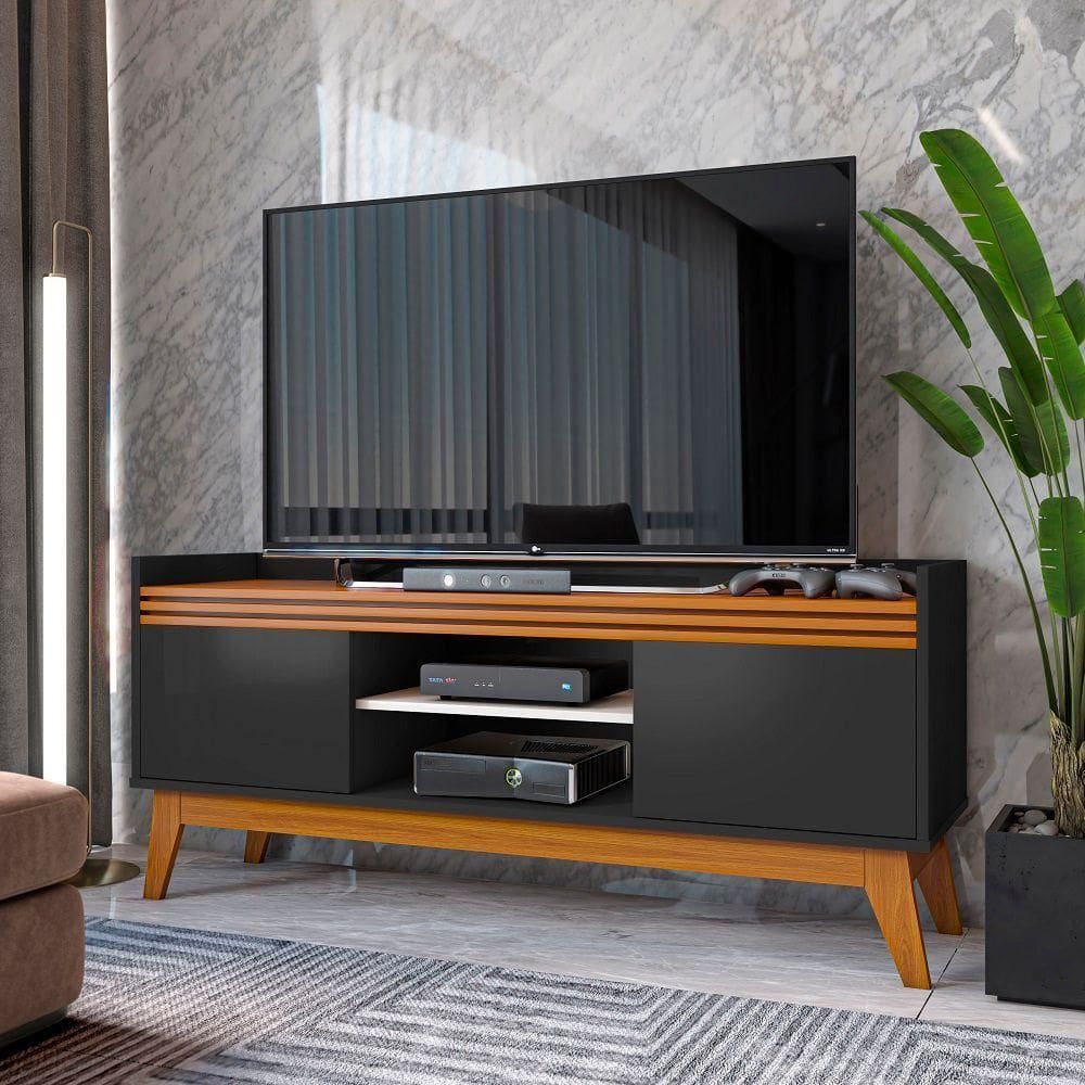 Rack para TV até 50" 2 Portas Ripado 136cm Preto/Cedro