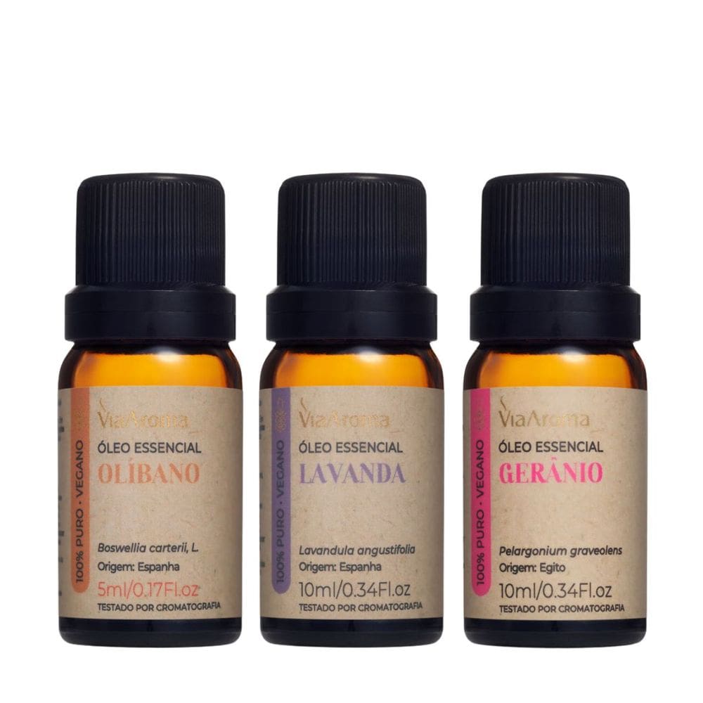 Kit 3 Óleo Essencial Puro - Gerânio, Olibano e Lavanda