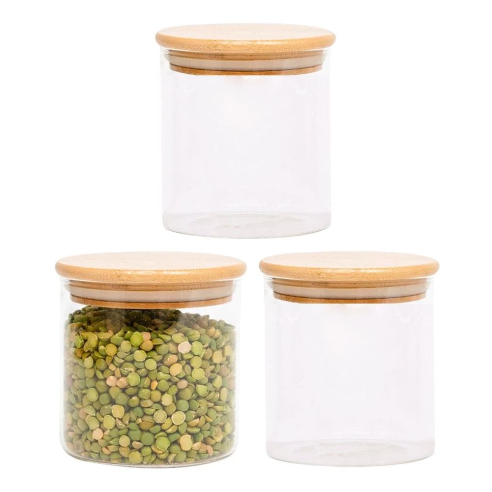 Kit 3 Potes Porta Mantimento Hermético Vidro Borossilicato Redondo Tampa Bambu 800ml - Lehaví