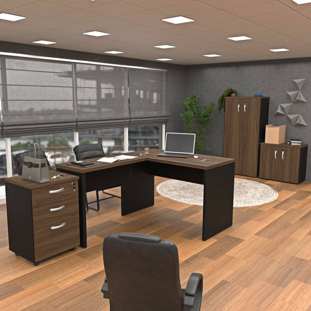 Conjunto de Escritório Office Escrivaninha Armários Gaveteiro Nogal