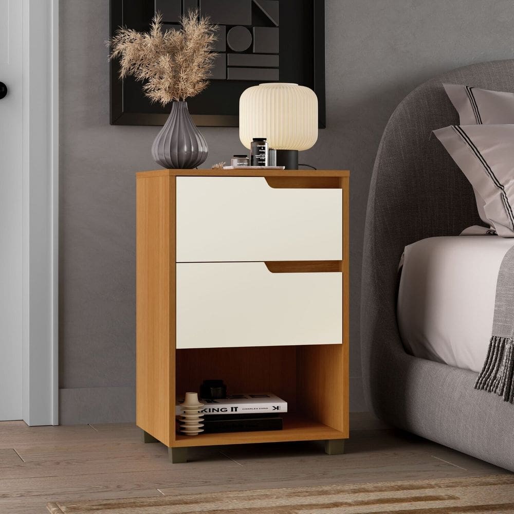 Mesa Cabeceira em Mdf com 2 Gavetas e 1 Nicho da Vinci Marrom / Champanhe