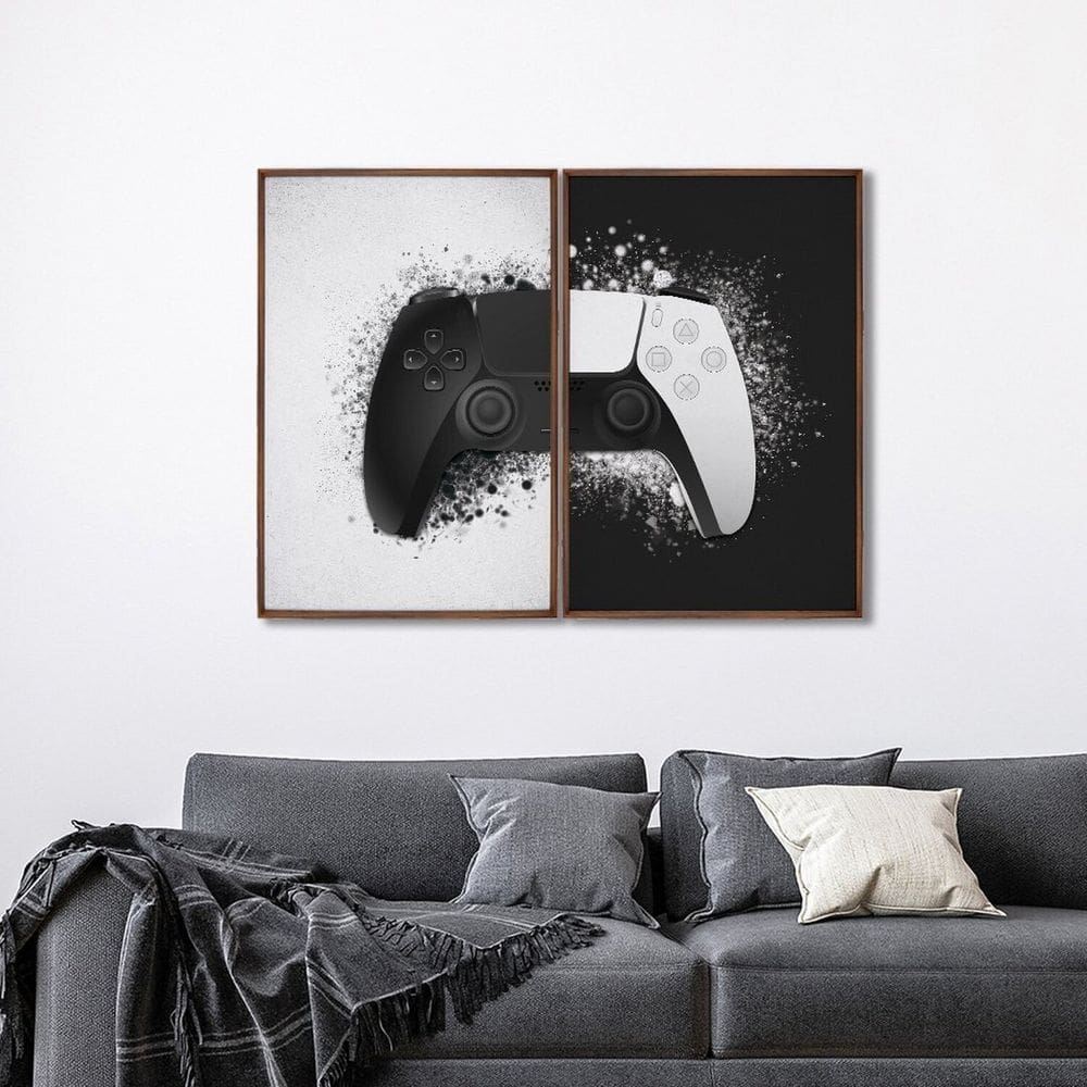 Quadro Decorativo Controle de Vídeo Game com 2 Telas de Parede para Sala Quarto Escritório 60cm X 90 Marrom