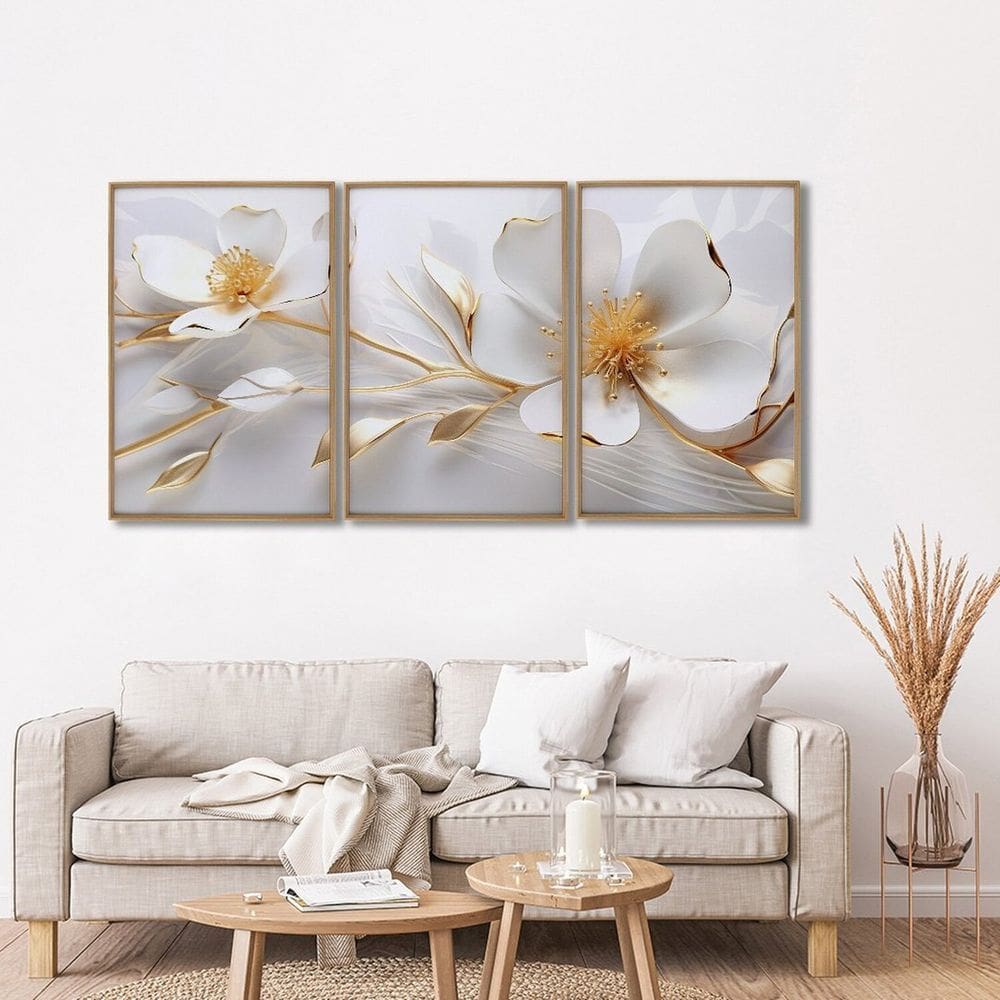 Quadro Decorativo Floral Delicado Magnólias com 3 Telas de Parede para Sala Quarto Escritório 60cm X Branco