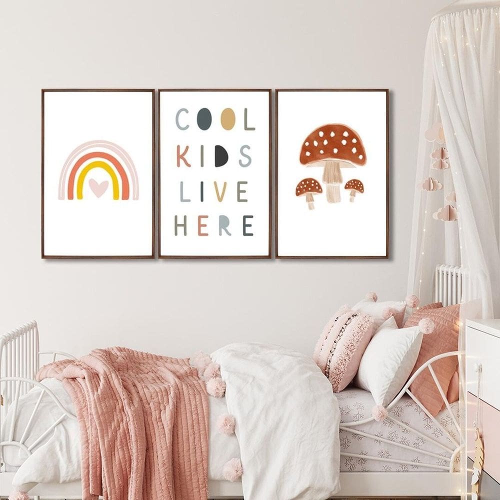 Quadro Decorativo Infantil Crianças Sol e Arco Íris com 3 Telas de Parede para Quarto Sala Brinquedo Marrom