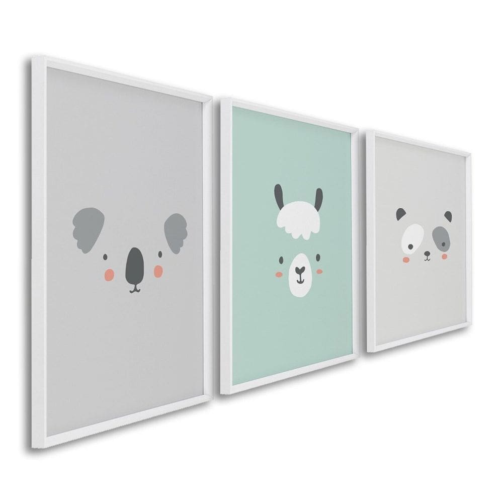 Quadro Infantil Decorativo Rostinhos do Bem Coala Panda Lhama com 3 Telas Cm de Parede para Quarto S Branco