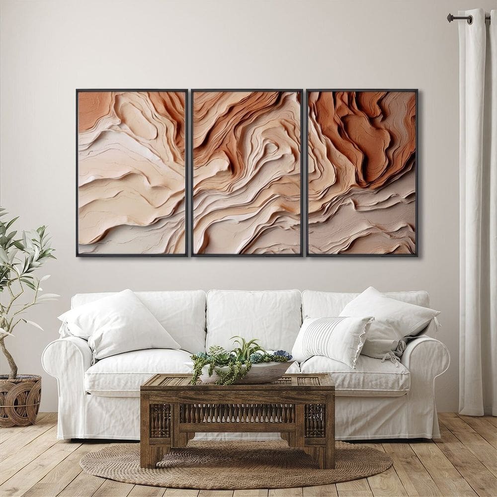 Quadro Decorativo Modelo Barro com 3 Telas para Sala, Casa de Praia, Lavabo 60cm X 90cm Preto