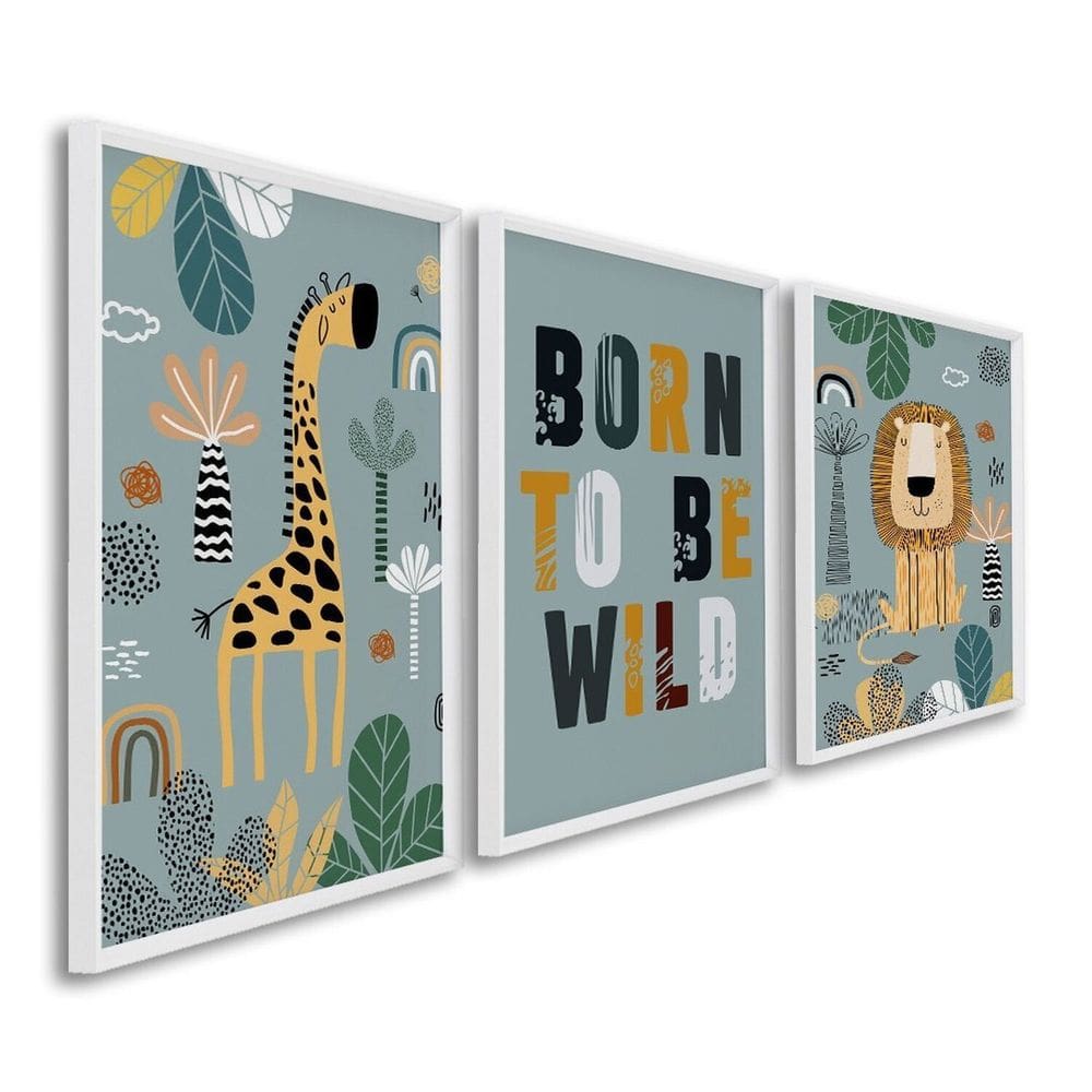 Quadro Decorativo Infantil Pequenos Selvagens com 3 Telas de Parede para Quarto Sala Brinquedoteca 6 Branco