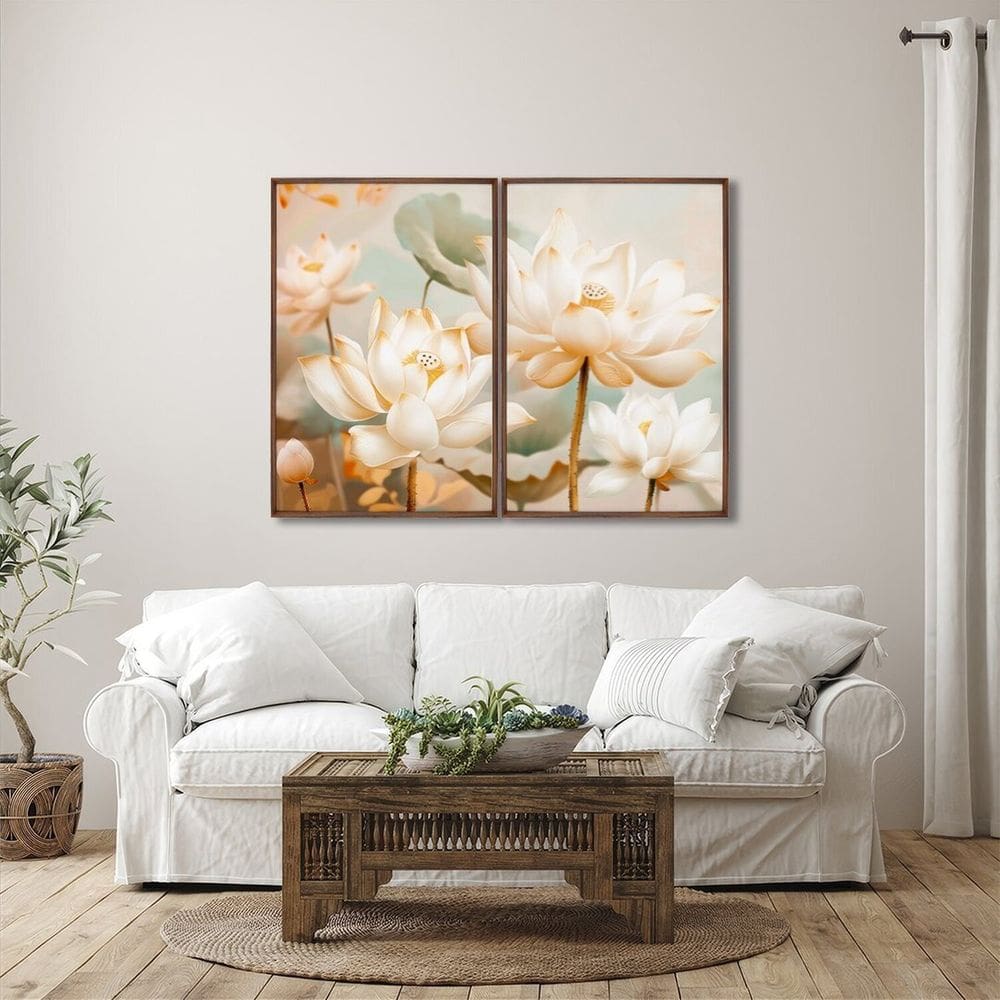 Quadro Decorativo Floral Flor de Lótus com 2 Telas de Parede para Sala Quarto Escritório 60cm X 90cm Marrom