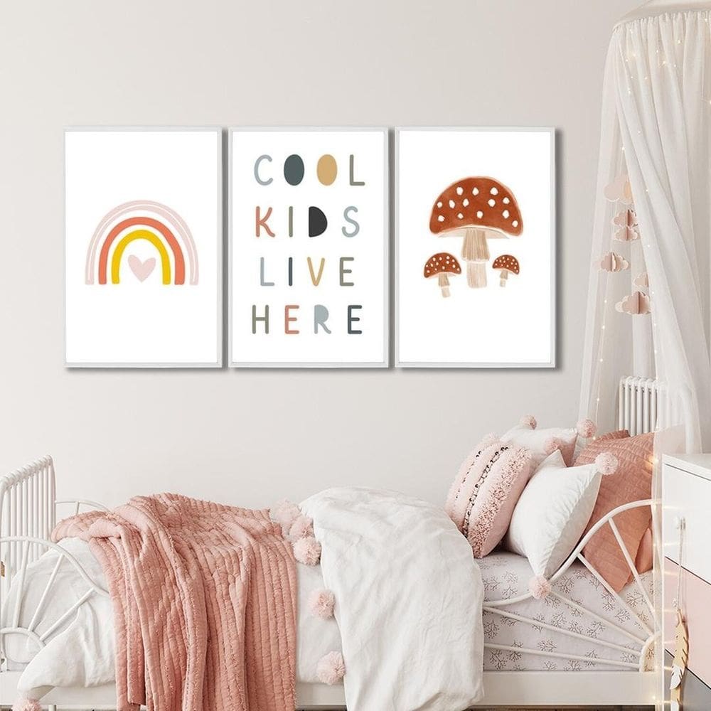 Quadro Decorativo Infantil Crianças Sol e Arco Íris com 3 Telas de Parede para Quarto Sala Brinquedo Branco