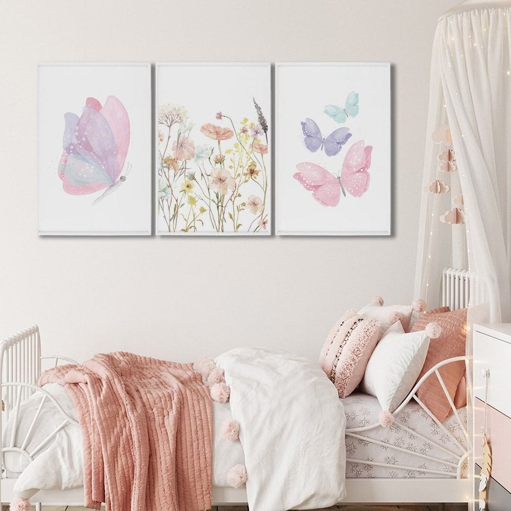 Quadro Infantil Decorativo Flores e Borboletas com 3 Telas Cm de Parede para Quarto Sala Brinquedote Branco