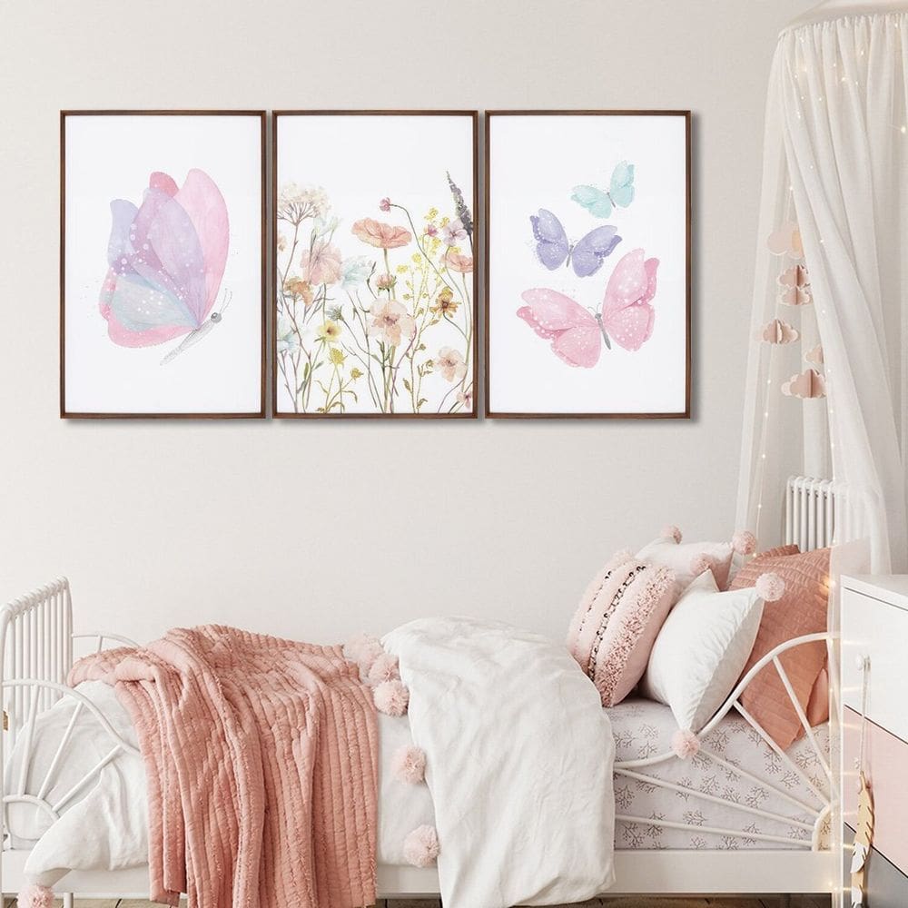 Quadro Infantil Decorativo Flores e Borboletas com 3 Telas Cm de Parede para Quarto Sala Brinquedote Marrom
