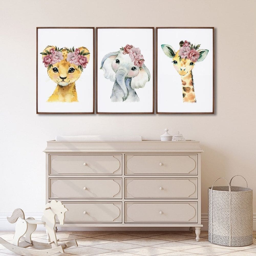 Quadro Decorativo Filhotes no Jardim Infantil com 3 Telas Cm de Parede para Quarto Sala Brinquedotec Marrom