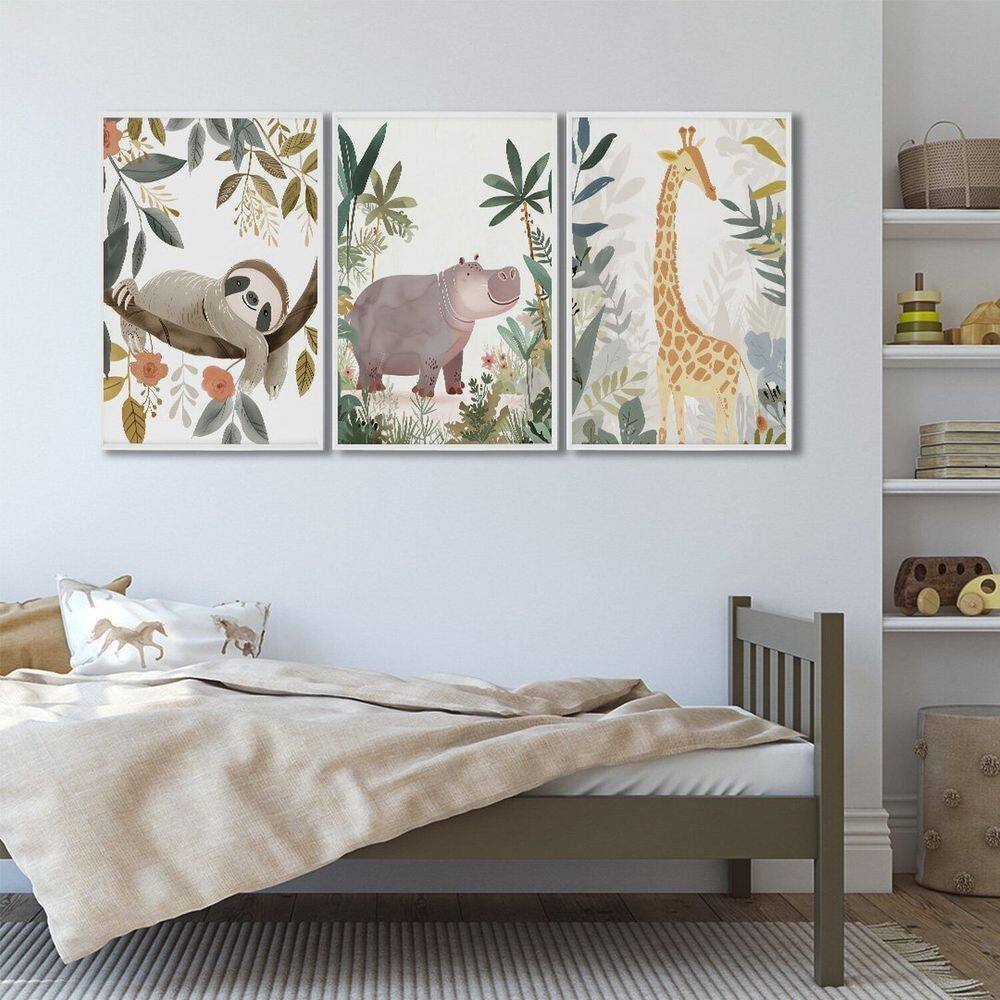 Quadro Infantil Decorativo Diversão na Selva com 3 Telas Cm de Parede para Quarto Sala Brinquedoteca Branco