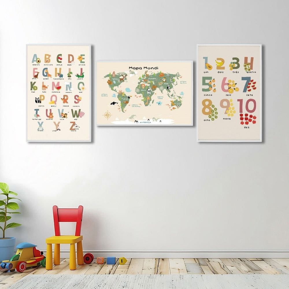 Quadro Decorativo Infantil Conjunto Didático Alfabeto e Mapa Mundi com 3 Telas de Parede para Quarto Branco