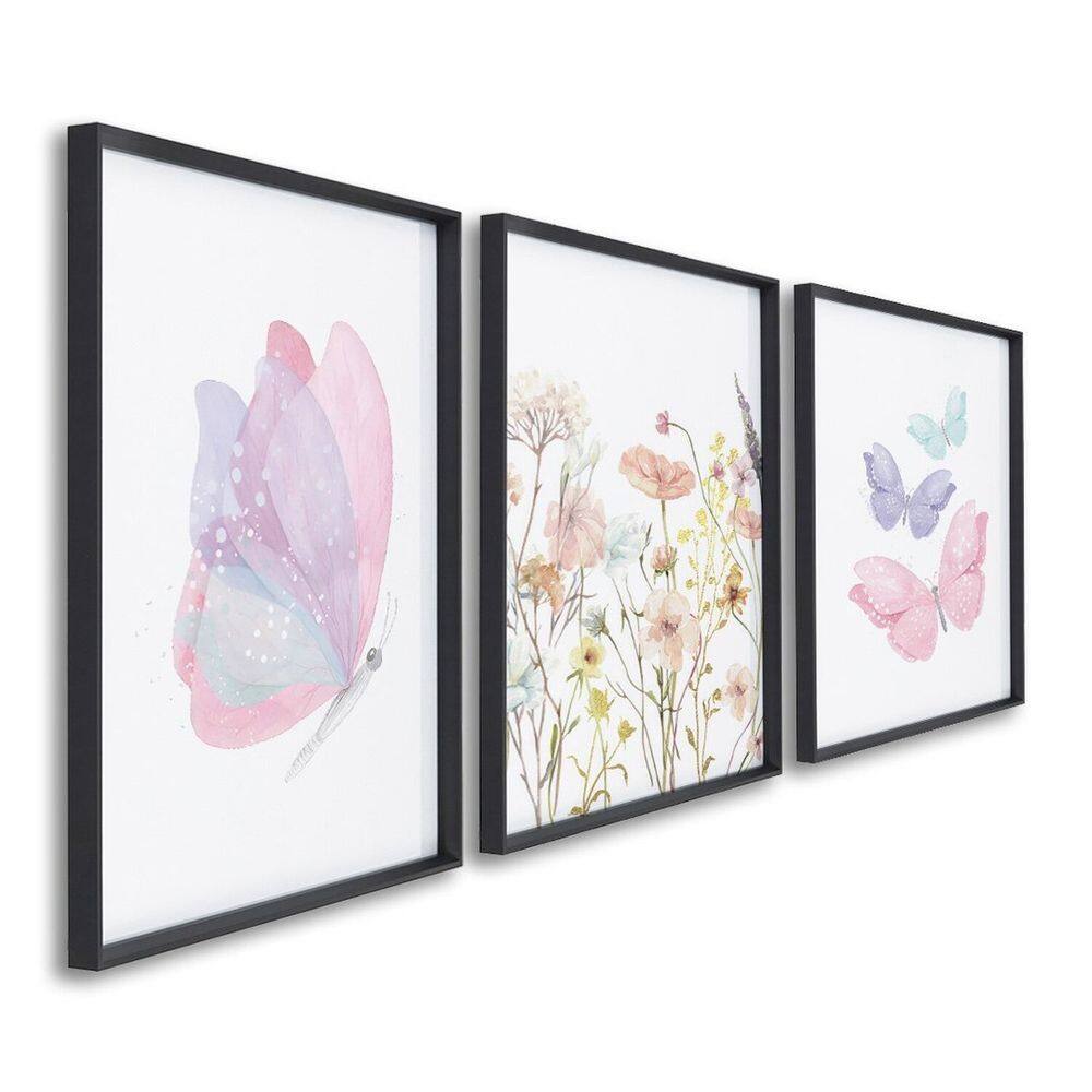 Quadro Infantil Decorativo Flores e Borboletas com 3 Telas Cm de Parede para Quarto Sala Brinquedote Preto