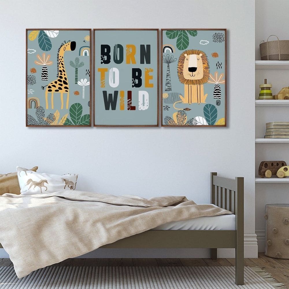 Quadro Decorativo Infantil Pequenos Selvagens com 3 Telas de Parede para Quarto Sala Brinquedoteca 6 Marrom