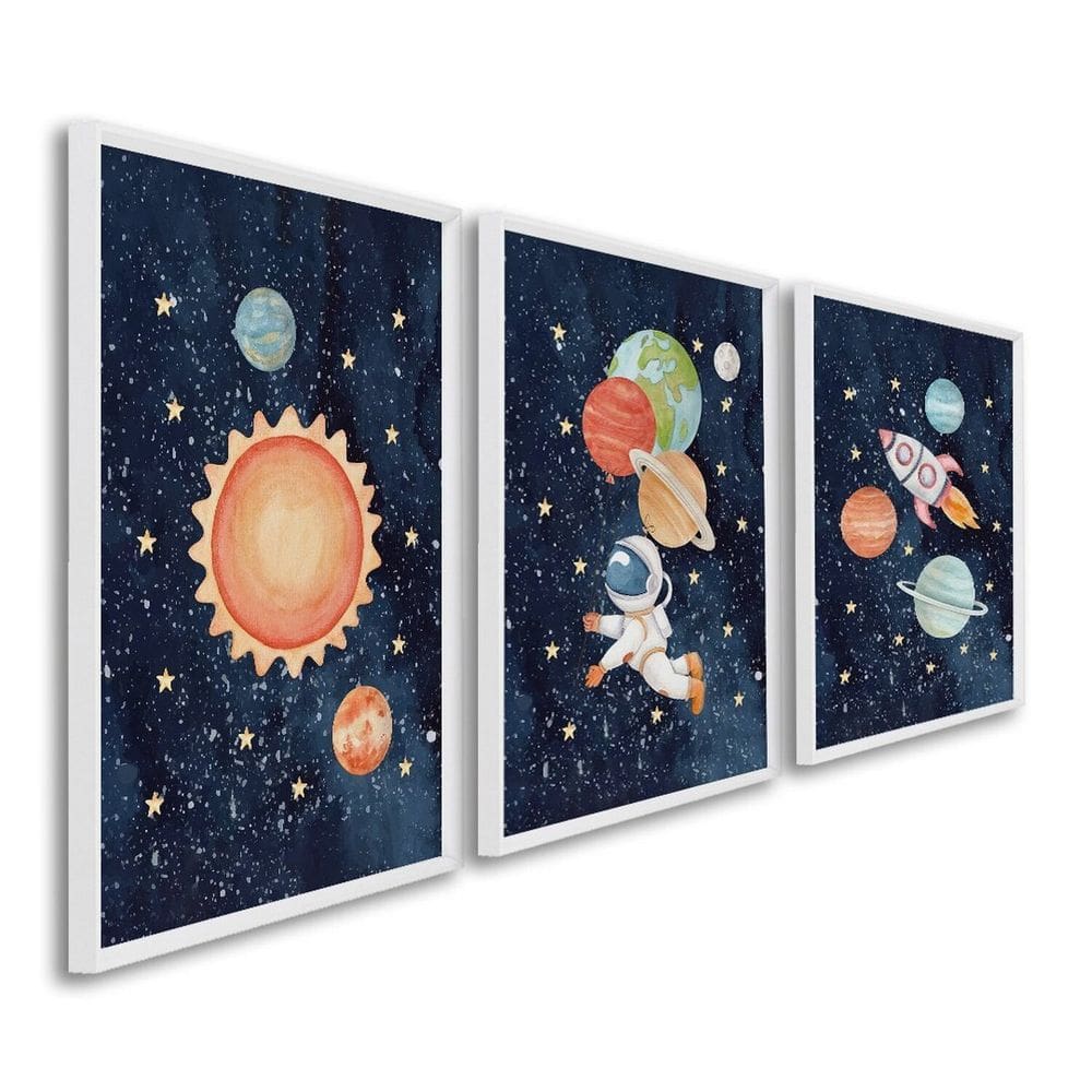 Quadro Decorativo Infantil Aventura Espacial com 3 Telas Cm de Parede para Escola Maternidade Brinqu Branco