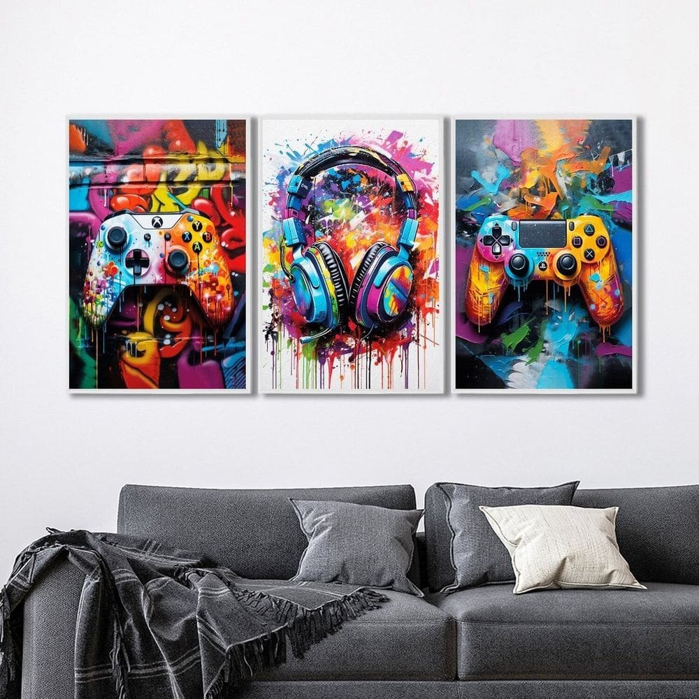 Quadro Decorativo Vídeo Game Modelo Gamer com 3 Telas de Parede para Sala Quarto Escritório 60cm X 9 Branco