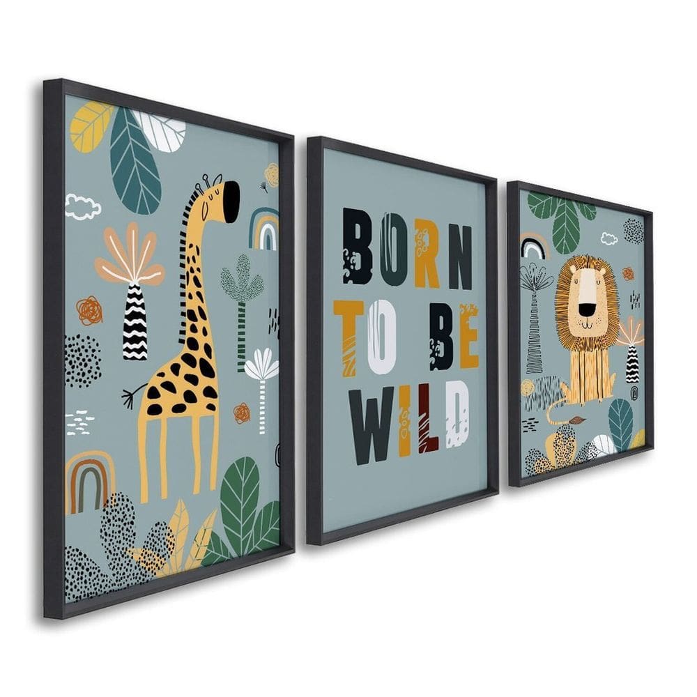 Quadro Decorativo Infantil Pequenos Selvagens com 3 Telas de Parede para Quarto Sala Brinquedoteca 6 Preto