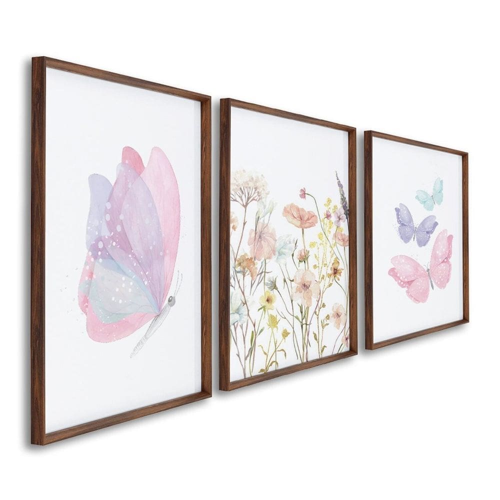 Quadro Infantil Decorativo Flores e Borboletas com 3 Telas Cm de Parede para Quarto Sala Brinquedote Marrom