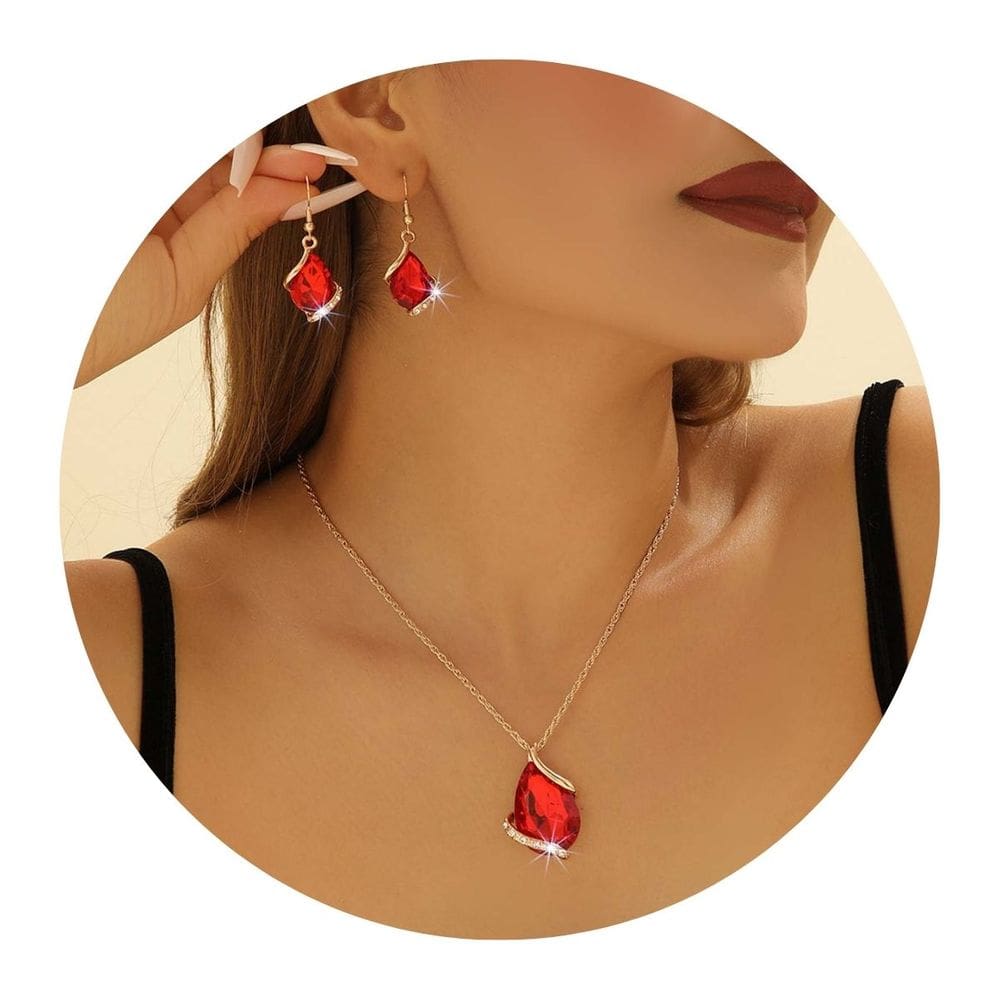 Conjunto Colar e Brincos Pedras Strass Luxo Tendência Vermelho