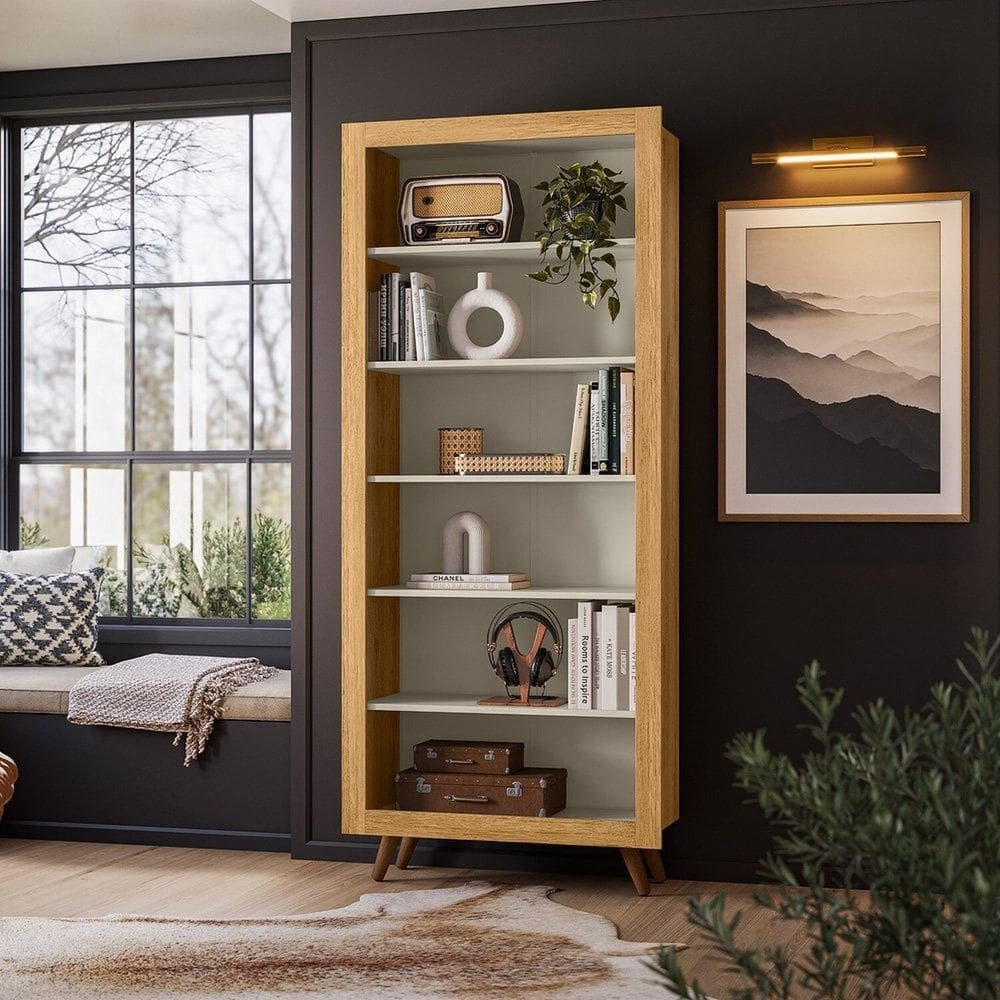 Estante para Livros 6 Prateleiras Retrô Freijó Toq / Off White Fosco