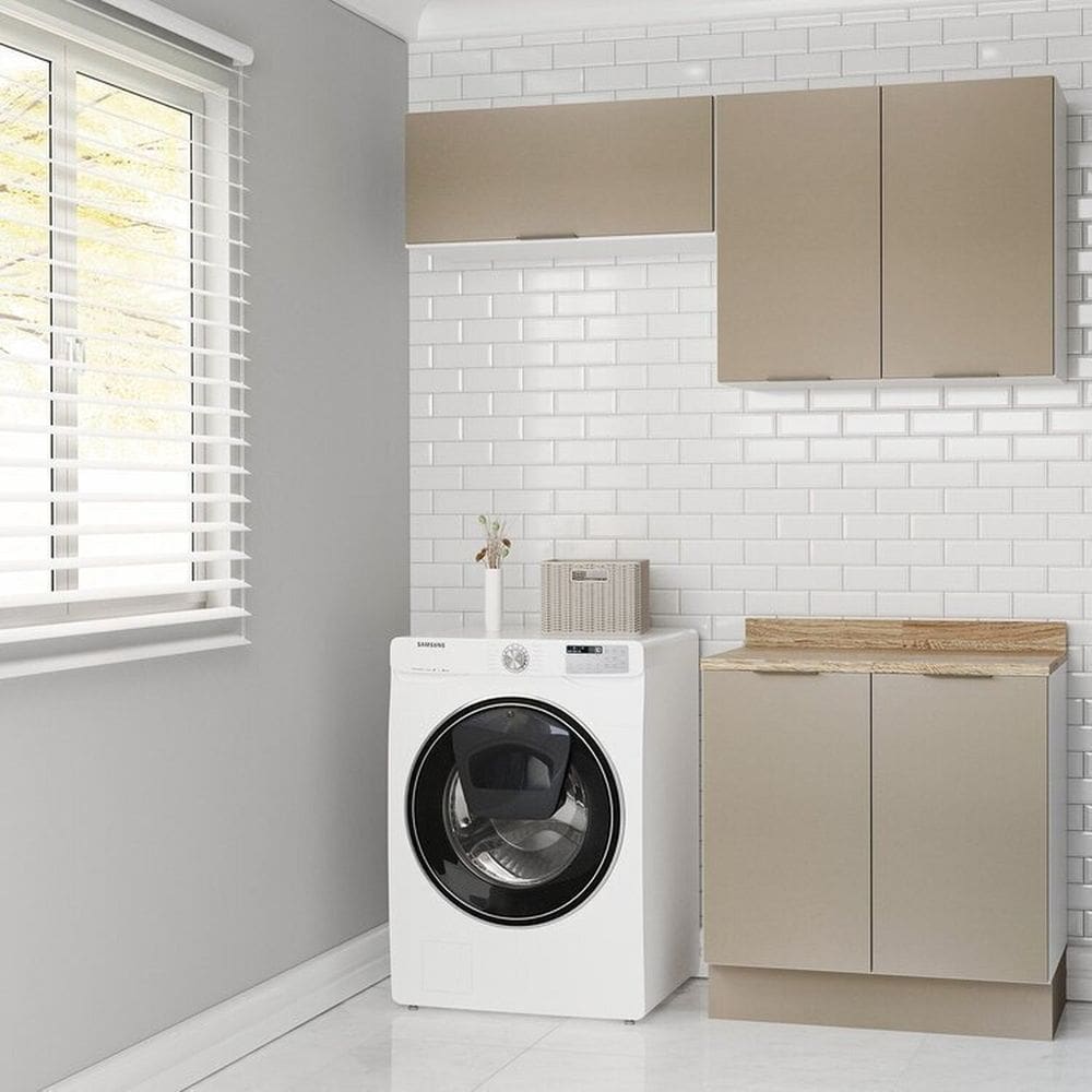 Lavanderia Modulada 3 Peças 2 Armários Aéreos 4 Portas 1 Balcão Ipanema Cabecasa Madeiramadeira Cinza Trama