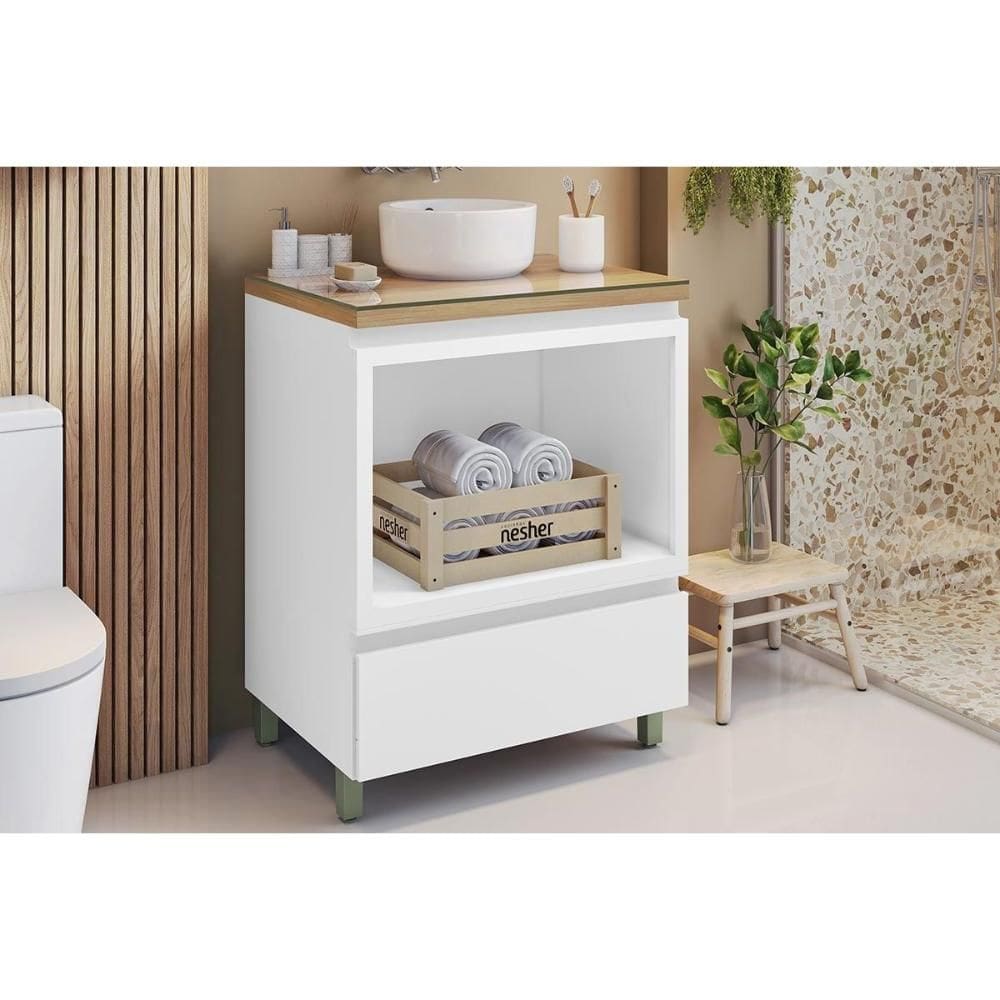 Gabinete de Banheiro Balcão Rainha c/ 1 Gaveta e 1 Nicho 70cm Branca/Nature - Nesher
