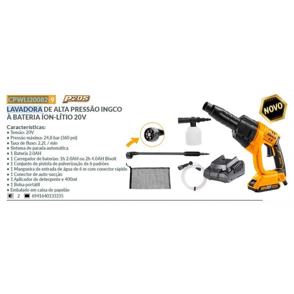 Lavadora A Jato De Alta Pressão Com Bateria 20v e Carregador Bivolt e Acessórios
