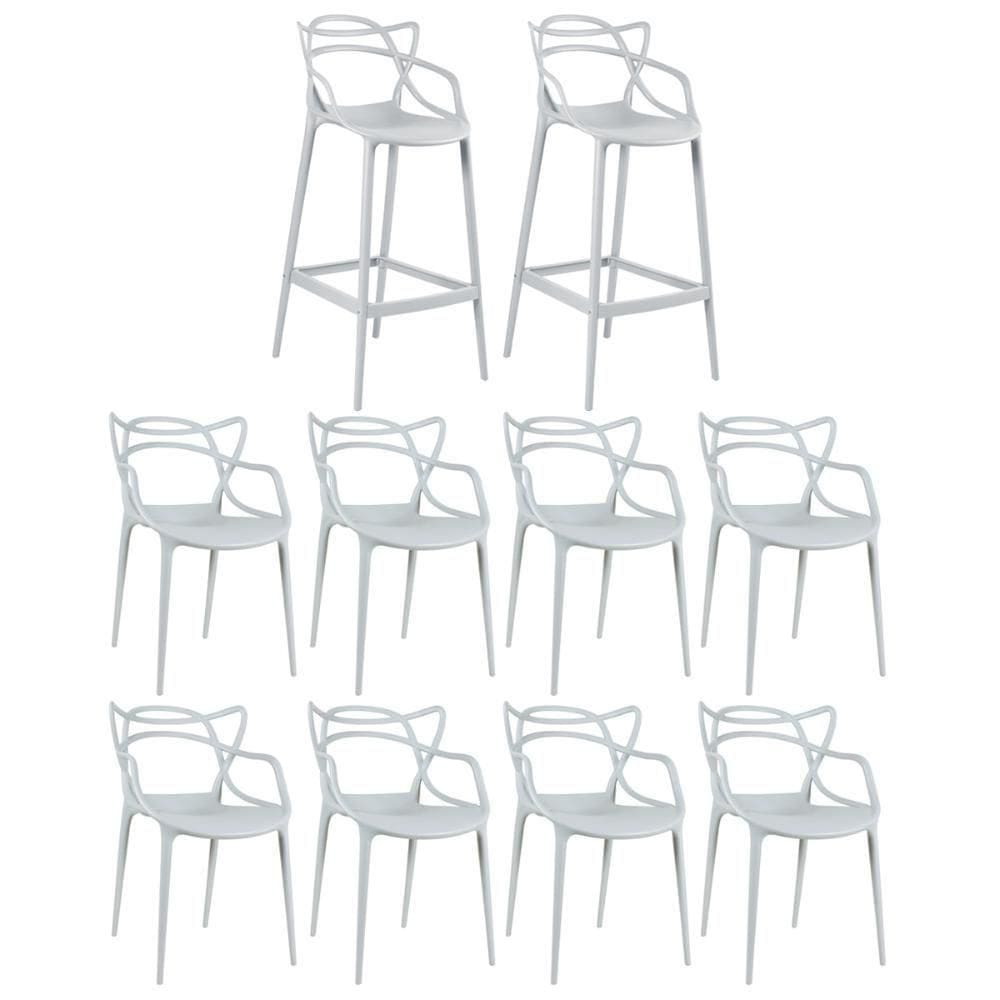 8 Cadeiras + 2 Banquetas Altas Masters Allegra Cinza Claro
