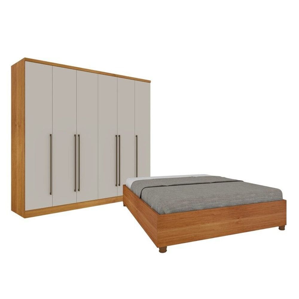 Quarto De Casal Guarda-Roupa 6 Portas Portugal E Cama Box Casal Queen Monaco Espresso Móveis Cinamomo/Off White