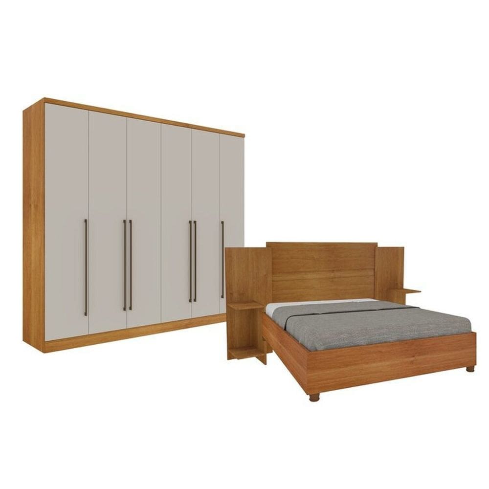 Quarto De Casal Guarda-Roupa 6 Portas Portugal E Cama Box Casal Monaco Com Painel Espresso Móveis Cinamomo/Off White